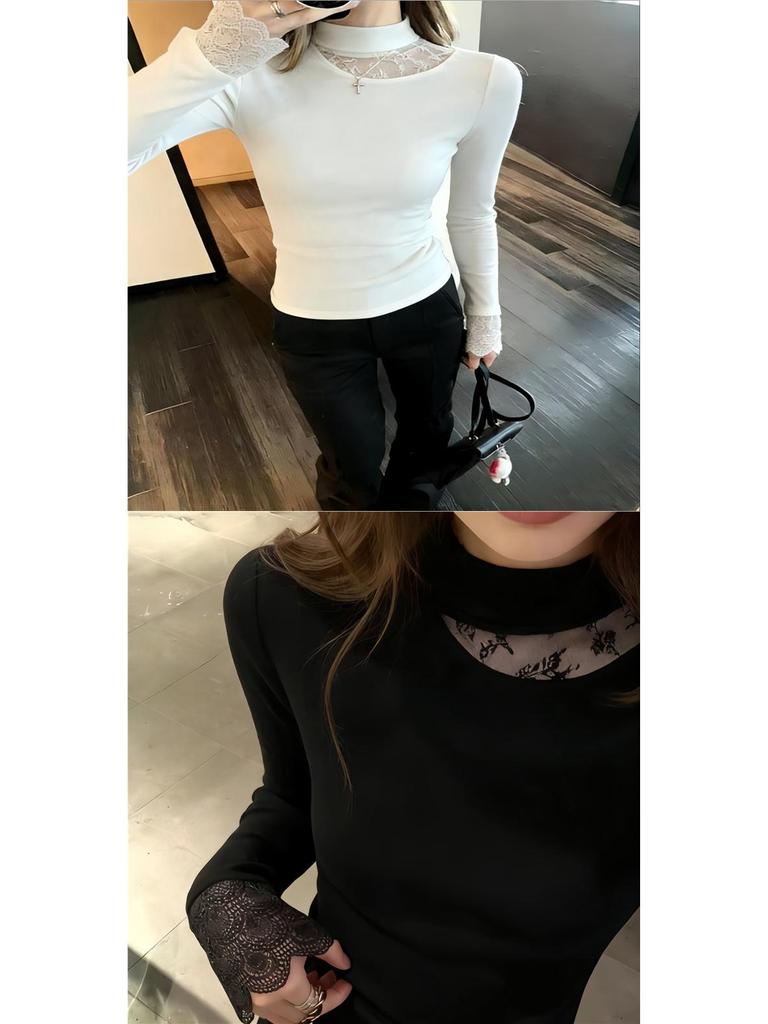 Women's Slim-Fit Fleece-Lined Black High-Neck T-Shirt with Lace Splicing Sleeves, Ideal for Autumn and Winter