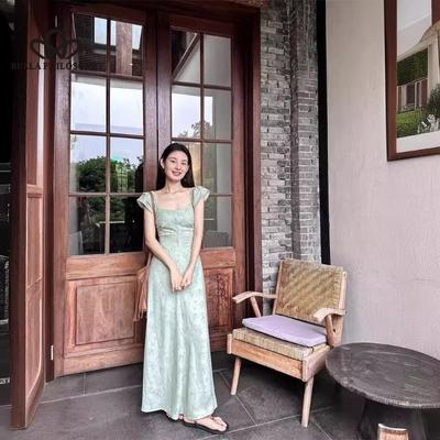 French Pure Lust Vacation Style Floral Backless Waistless Tie Fly Sleeve Long Dress Dress Long Dress Traditional Dress