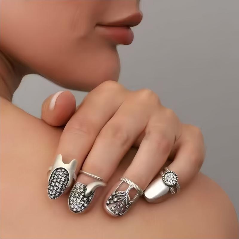 Retro Nail Ring, Nail Ring Set-Adjustable Opening Size For Daily Wear, Party, Valentine'S Day Gift, Year-Round Elegant