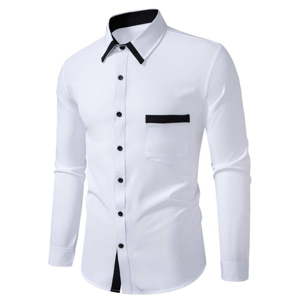 Neue Mode Herren Colorblocking Business Slim Casual Hemd Kontrast Langarmhemd