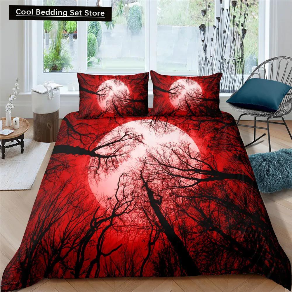 Moon Night Scene King Queen Duvet Cover Red Dark Sky Sunset Clouds Bedding Set Teens Adults Forest 2/3Pcs Polyester Quilt Cover