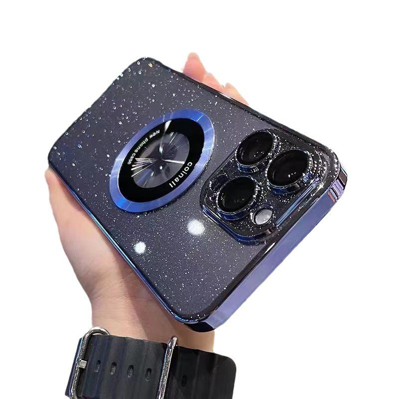 Metal Magnetic Bracket IPhone 16 Mobile Phone Case Suitable for Apple 15Pro Electroplated PC Flash Powder Protective Case Transparent