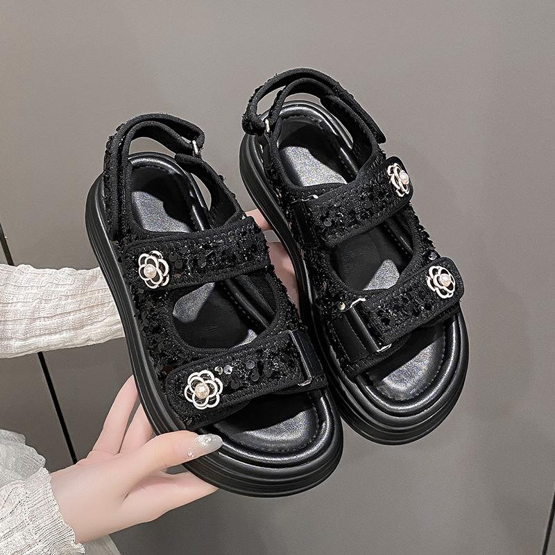 Sandals Women's Outer Wear 2025 Summer New Velcro Women's Shoes Sequins Platform Beach Shoes
