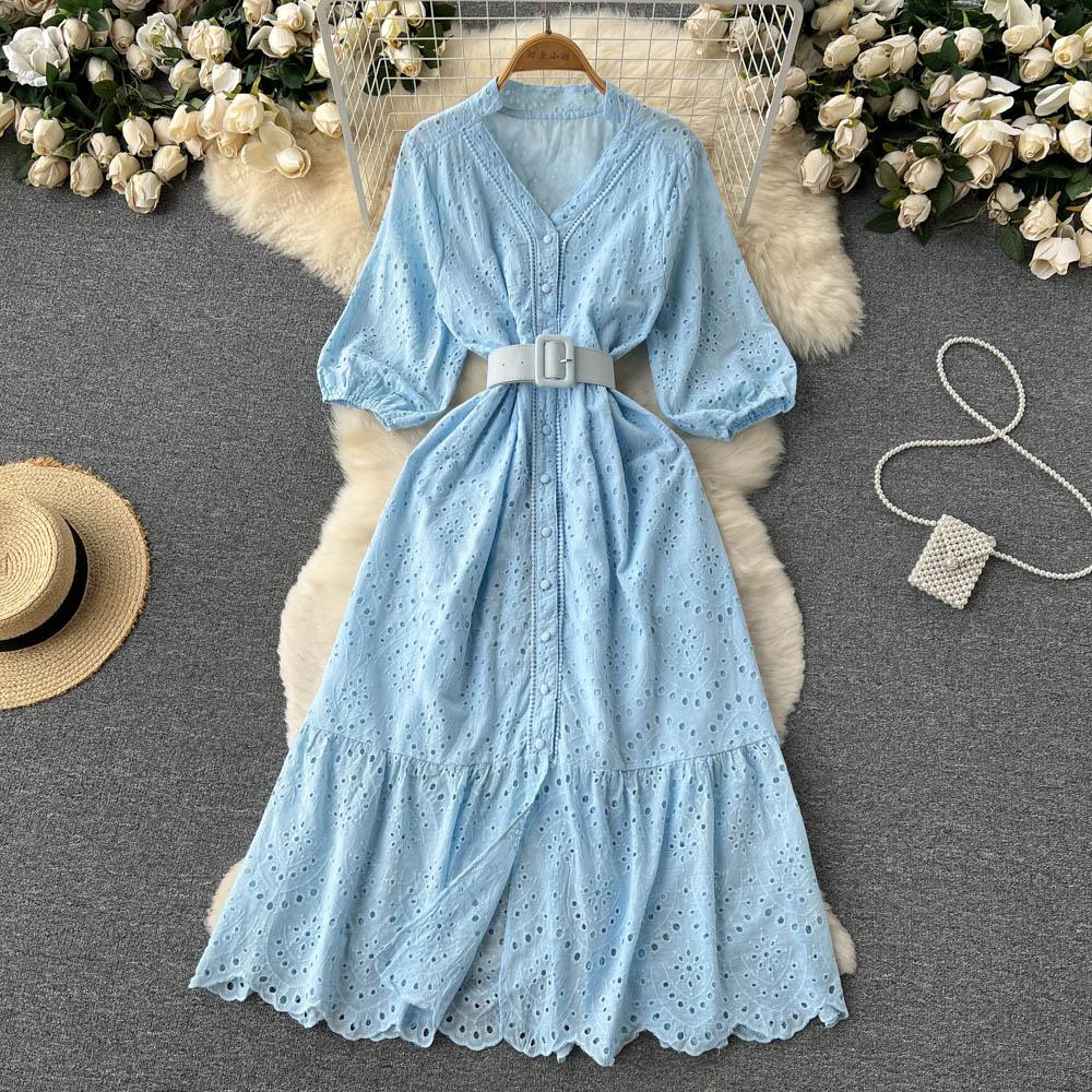Summer New Casual Embroidery Holiday Dress Women Puff Sleeve Female Vintage Party Beach Long Midi Dresses With Belt