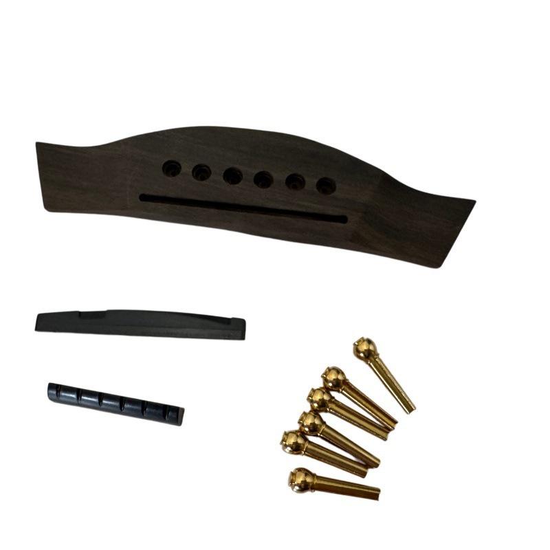 Solid Wood Guitar Bridge Set: Includes Saddle, String Pins, Upper & Lower Nut, Copper String Pin Set