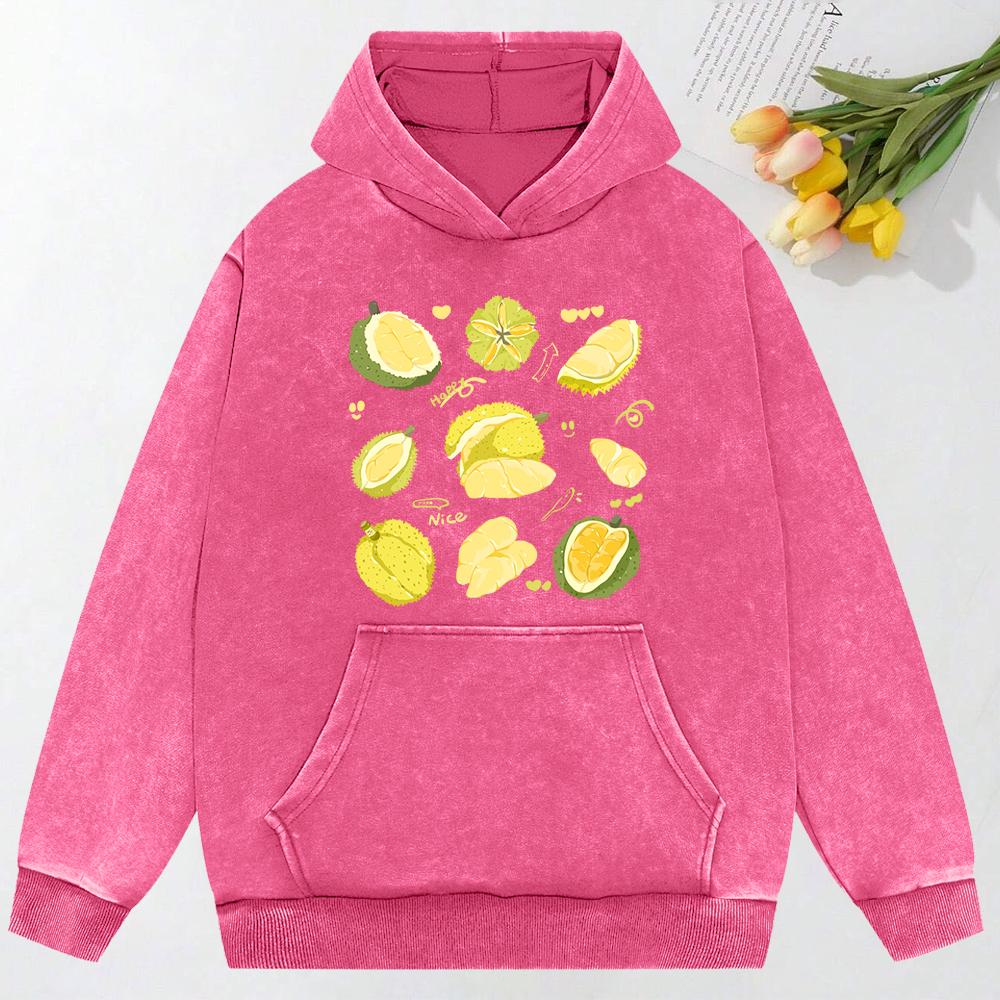 Köstlicher Durian Happy Bedruckter Snow Wash Hoodie Hip Hop Übergroße Kleidung Mehrfarbig Lässige Hoodies Übergroße Sportbekleidung