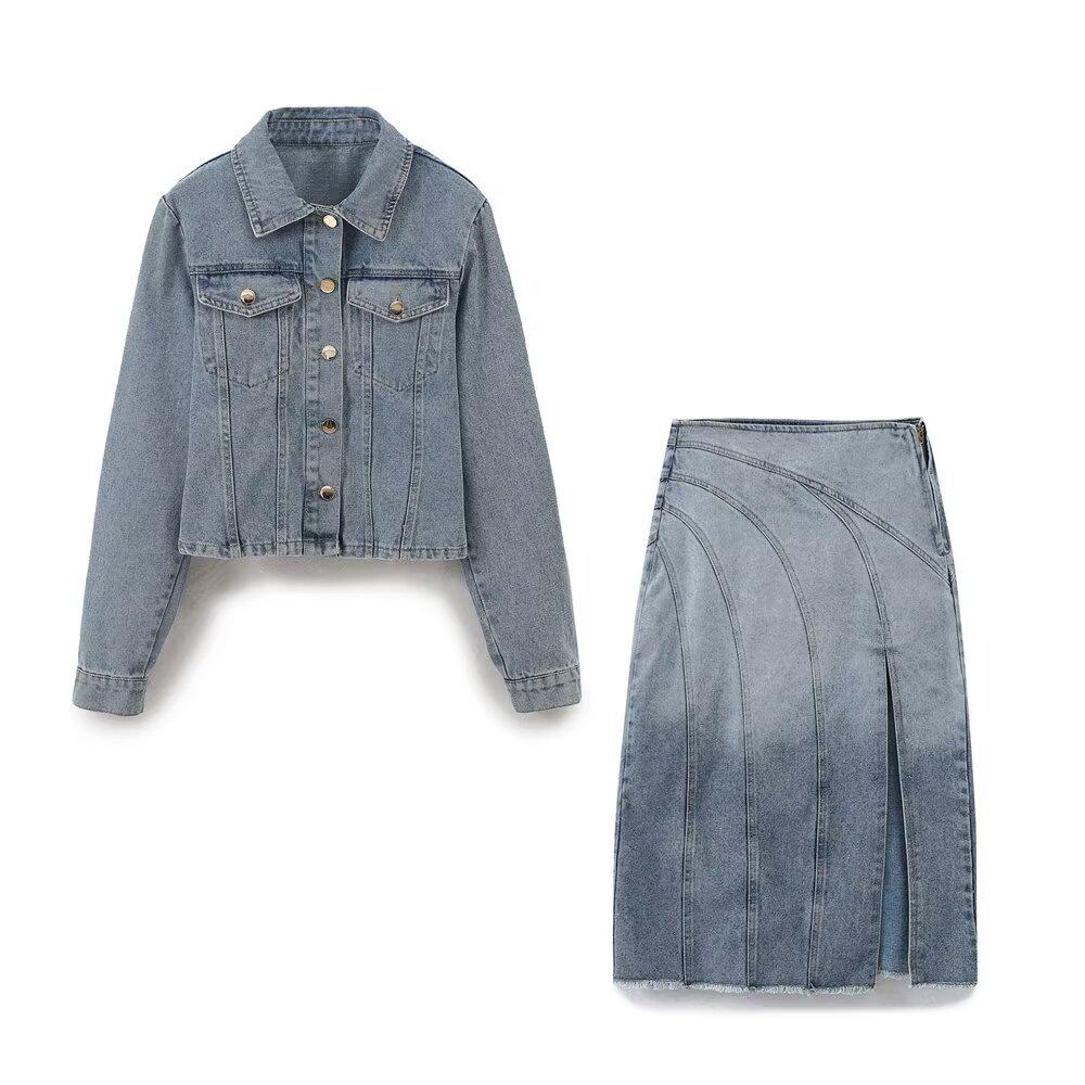 Spring & Autumn Women's Short Denim Jacket and Skirt Set - European & American Style