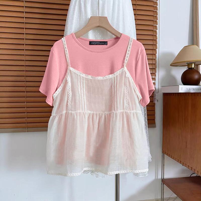 

ZANZEA Womens Casual Fake Two Piece Patchwork Summer Short Sleeve T-Shirts 3XL