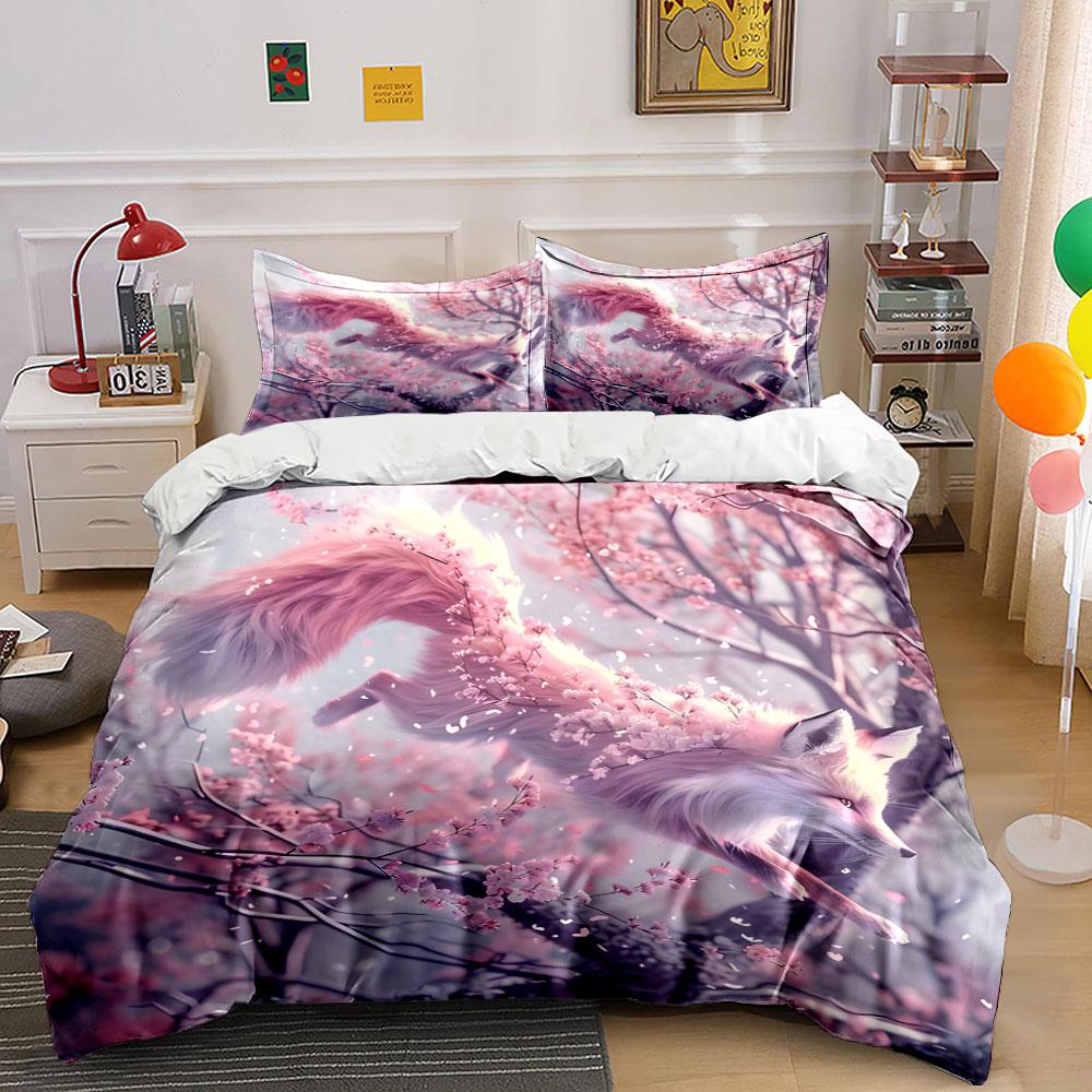 Pink Fox Cherry Blossom Decor Bedding Set with 1 Duvet Cover 2 Pillowcases Single Double King Queen, Gift