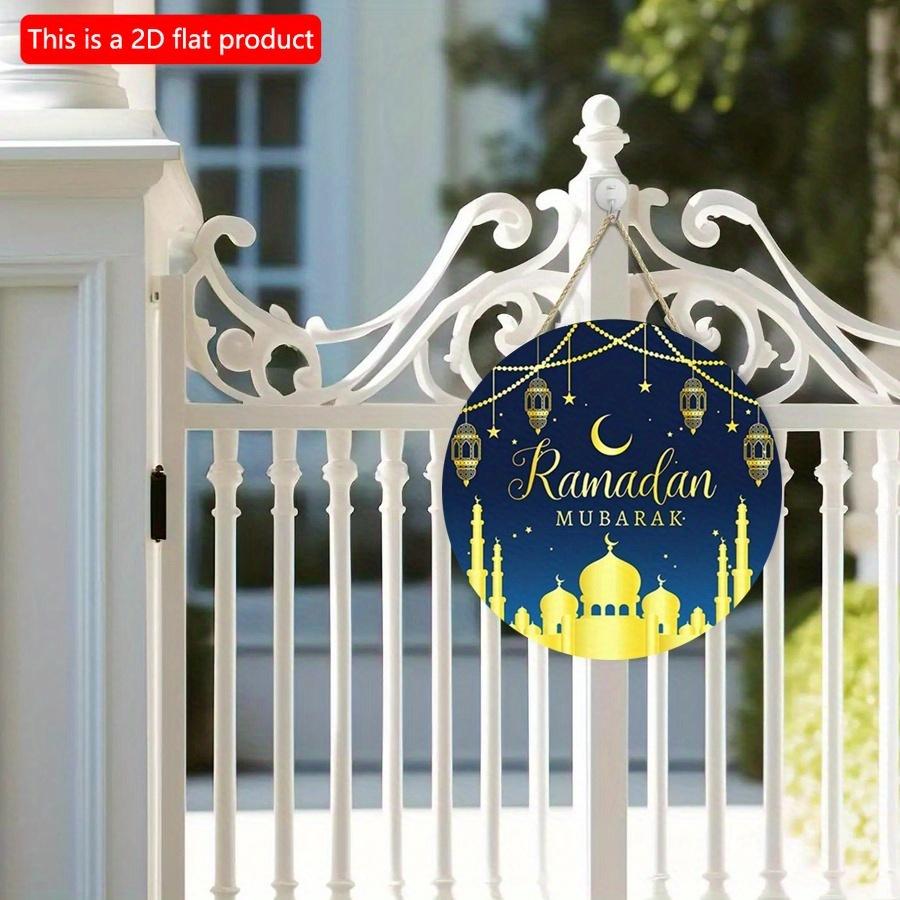 2D Flach 20cm1Stk Ramadan Mubarak Muslimische Party Runde Holzanhänger, Goldener Mond&Majestätische Moschee Szene Ramadan Islamische Wanddekoration, Gute Qualität