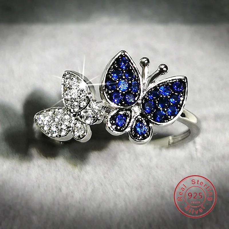 Luxury Sapphire Crystal Rings for Women Shine Butterfly Sterling Plata Rings Cocktail Weddings Party Sterling Gifts