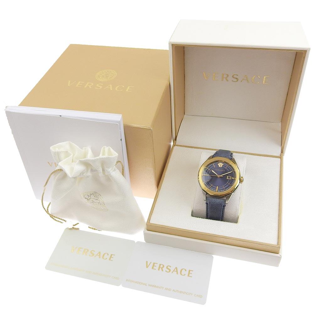 Versace VERA Watches WR5 gold/Navy Blue NavyDial Stainless Steel/leather Quartz Analog Display Mens Used