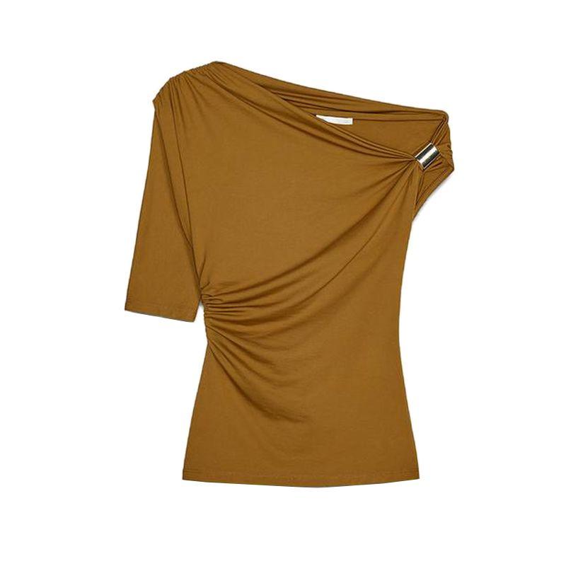 Spring and Summer New Women's Clothing Short Sleeve Multi-Color Selection Pure Color Chinlon Blended Asymmetric Minimalist Tops 1026164