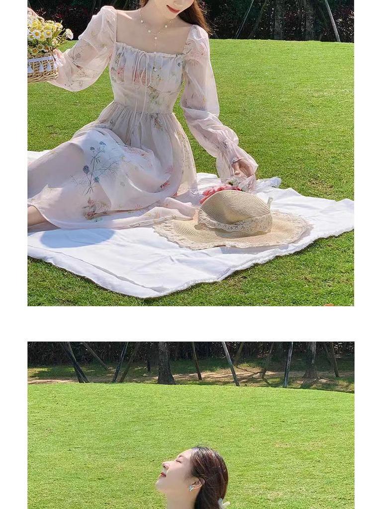 2025 Floral Chiffon Tea Dress: Sweet Long Sleeve French Princess Style