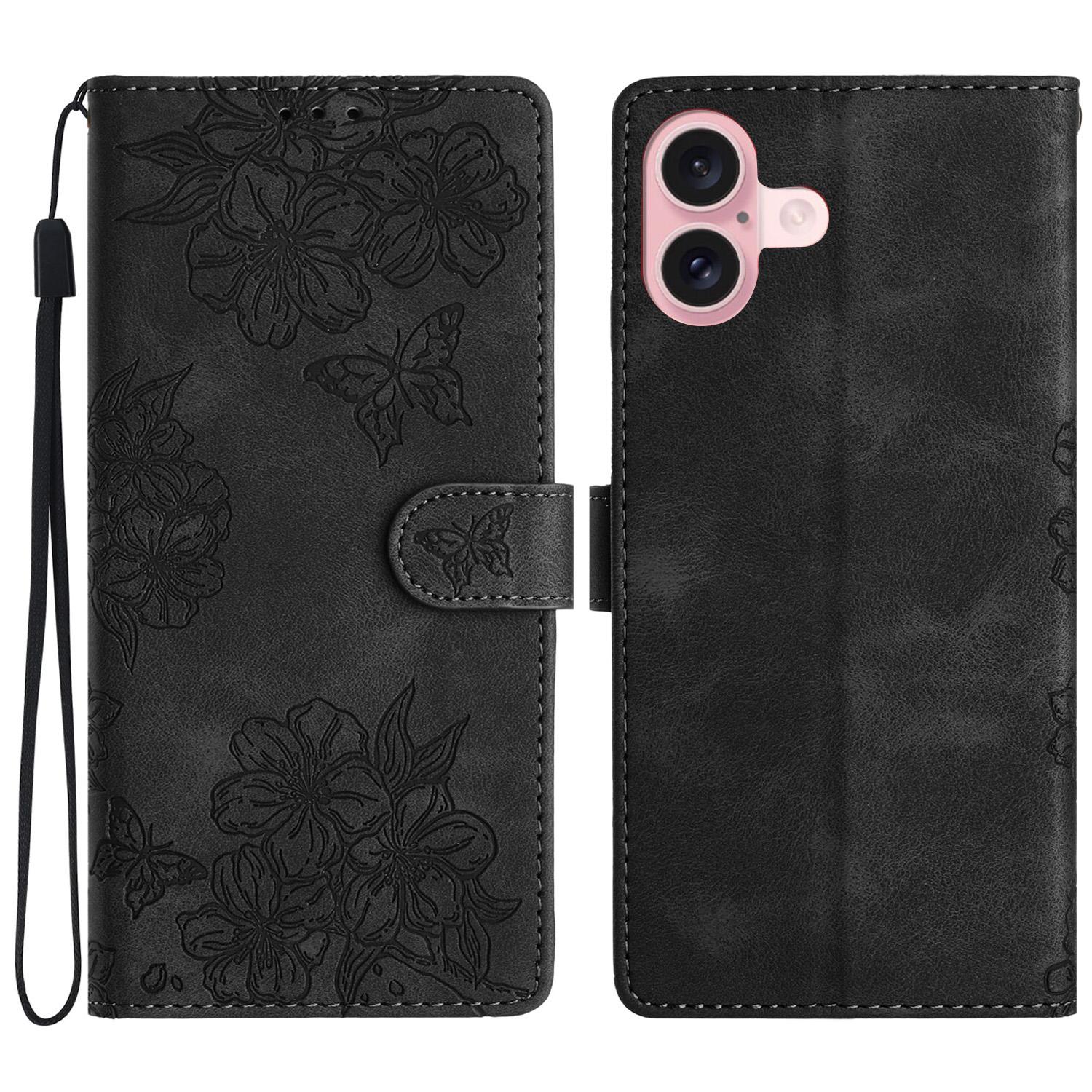 

For iPhone 16 Case PU Leather Wrist Strap Card Slots Phone Cover Butterfly Flower