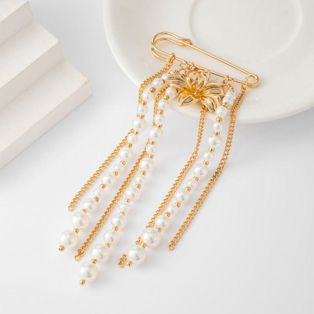 Flower Long Tassel Brooch Pearl Waist Cinching Fixed Pin Exquisite Multi-layer Chains Pin Women
