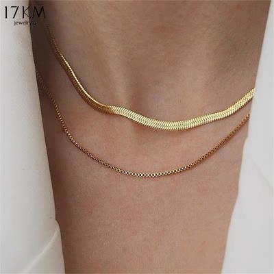 1PCS Vintage Layered Flat Snake Chain Herringbone Necklace for Women Simple Gold Color Metal Clavicle Chain Necklaces Party Jewelry