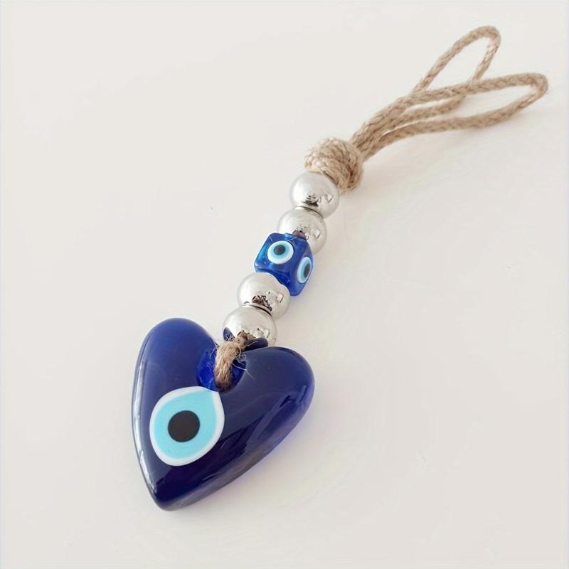 Handmade Heart Shaped Blue Evil Eye Pendant Turkish Blue Glass Ornament with Silver Beads Unique Home Decor Bag Car And Wall Decoration