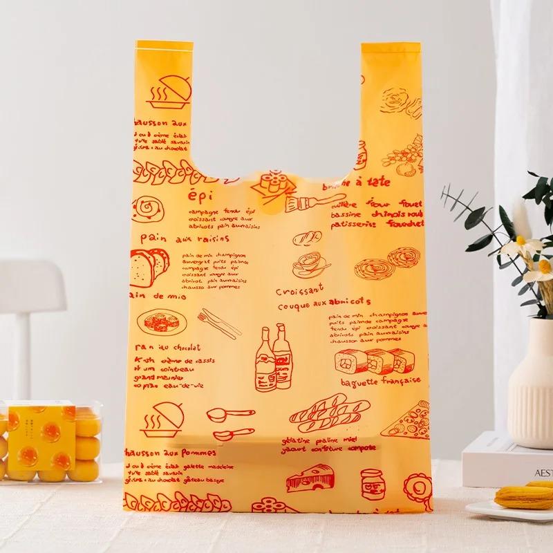 50pcs Disposable Peach Fruit Pattern Hand Bag Packaged Flower Takeaway Bags Snack Double Ear Plastic Vest Handle Shopping Pouch