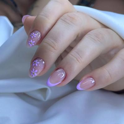Wear Nail Flowering French Sweet Versatile Gentle Purple Daisies Fake Nails Removable Nail Art Tablets 30 Pieces
