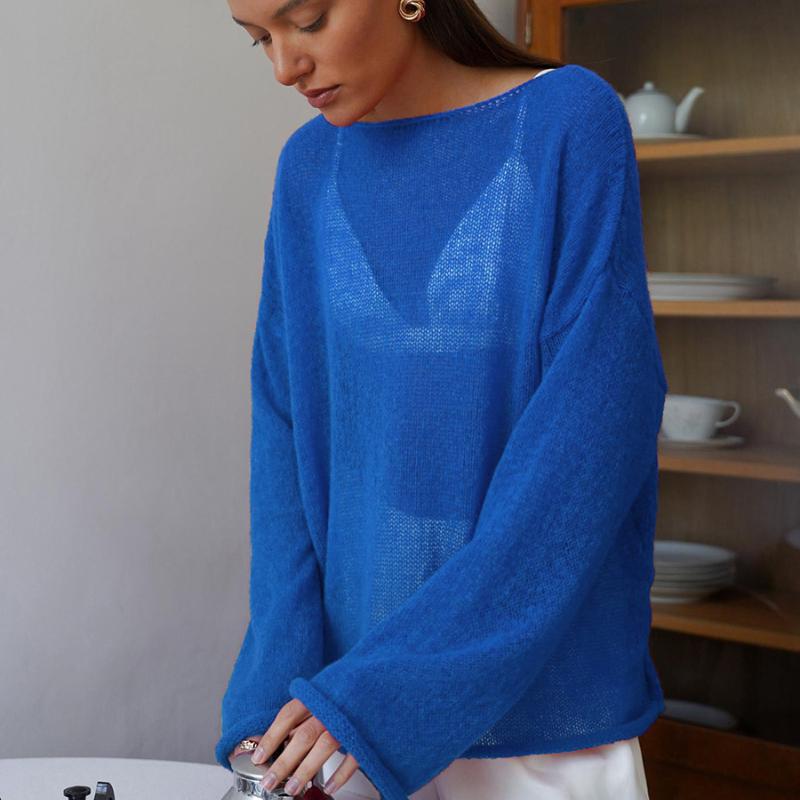 Hohler Strickpullover Frühling und Sommer Damen Perspektive Dünne Abteilung Großer Rundhalsausschnitt Trompetenärmel Gestricktes T-Shirt