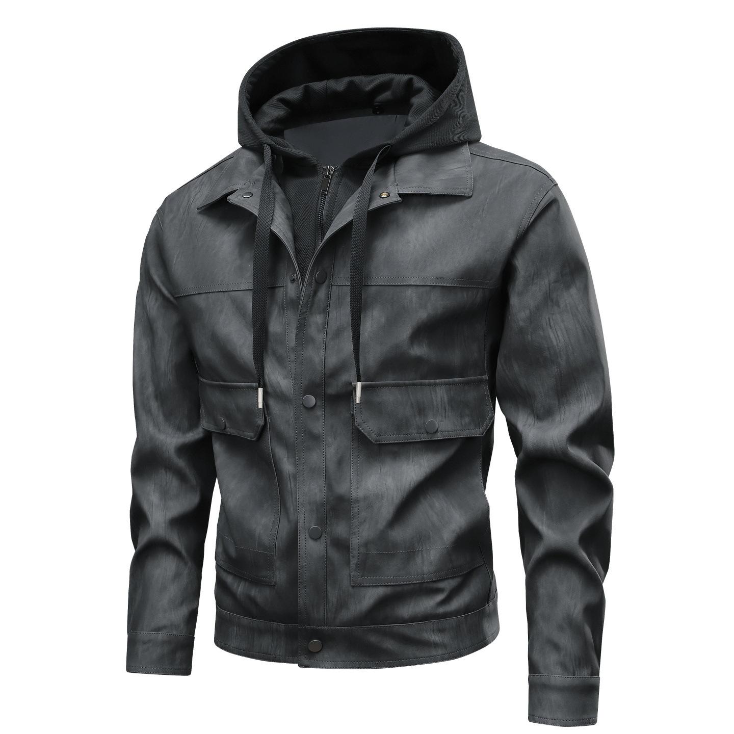 

Кожаная куртка-обманка из двух частей Весенне-осенняя мужская кожаная куртка Мотоциклетный костюм Молодежная красивая куртка с капюшоном 4XL