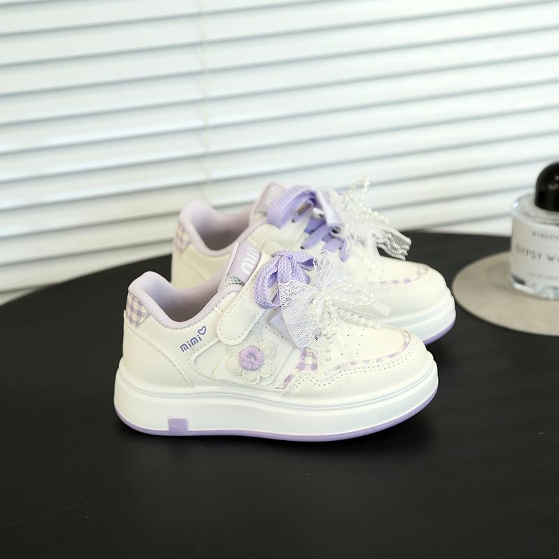 Kids White Purple Bow Pearl Decor Casual Sneakers 26