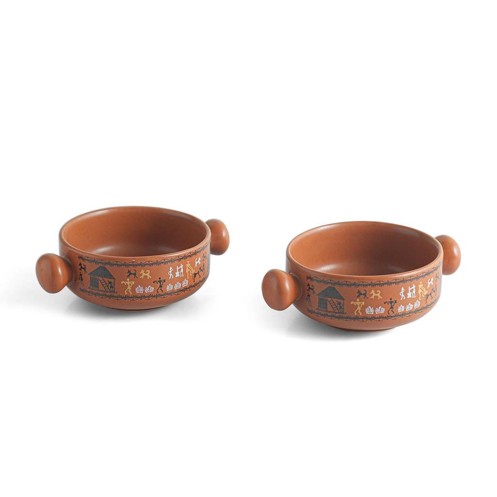 'Warli Village Tales'Ceramic Bowl Ceramic Serving Bowls Set with Handle Snack Bowl (Set of 2, 350 Ml, Microwave Safe, Handcrafted, Mud Brown)