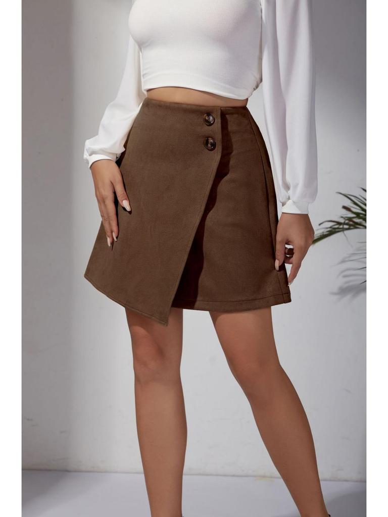 Suede Irregular Skirt Solid Color High-waisted Zipper Button Skirt Women