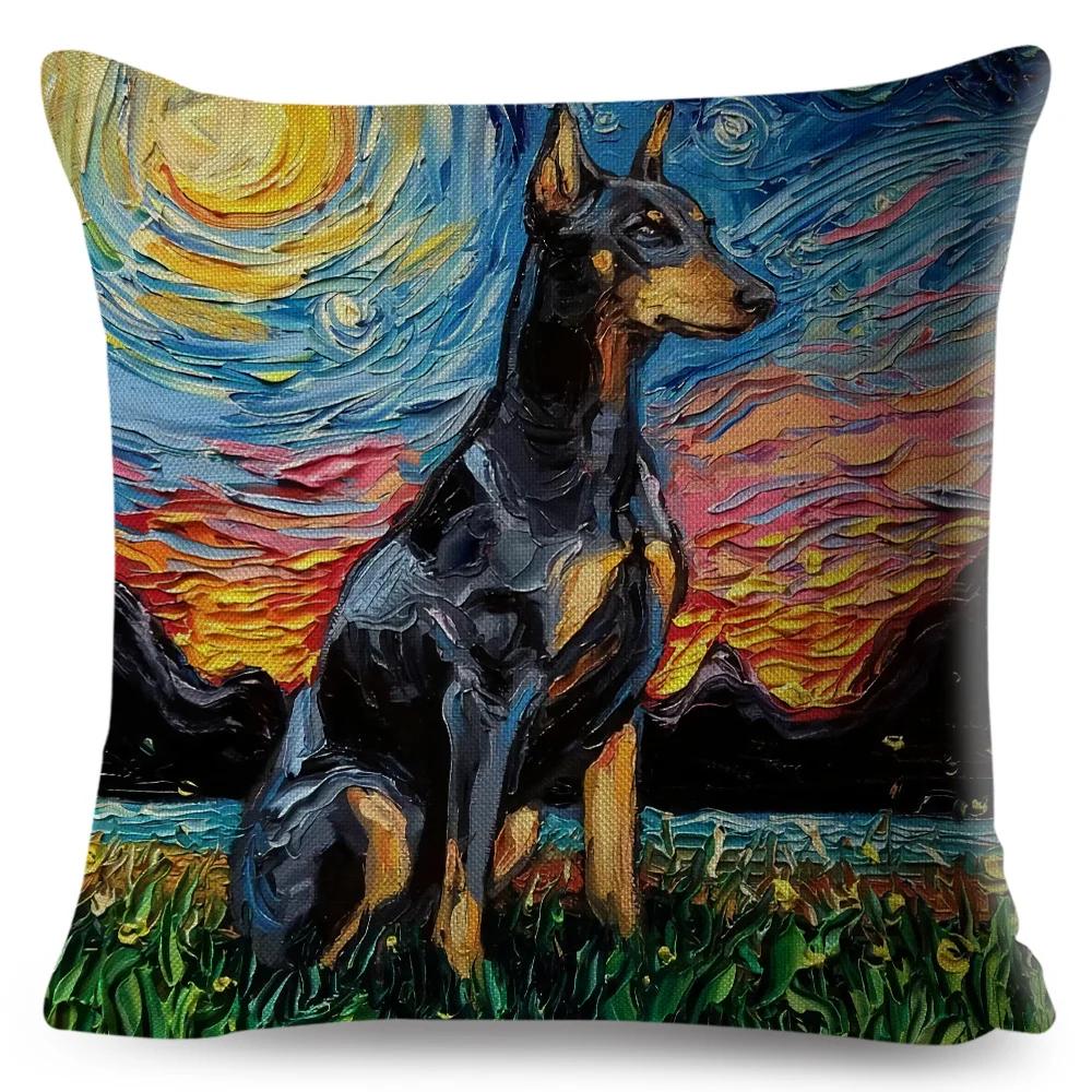 Both Sided Starry Sky Dog Cushion Cover Decor Oil Painting Cartoon Pet Animal Pillow Case for Sofa Home  Linen Pillowcase