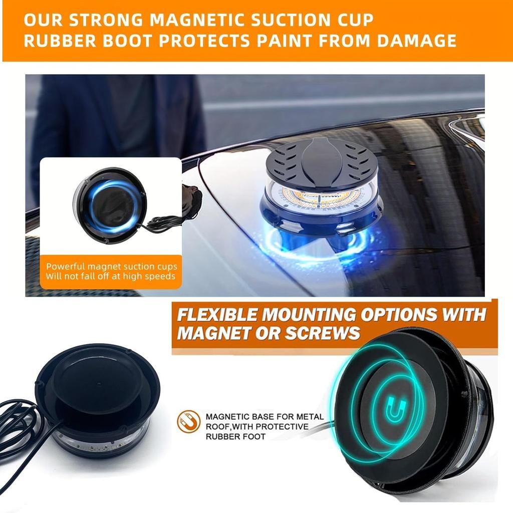 TOPKU 4.7" LED Rotating Beacon Strobe Light with 48 LEDs, Magnetic Suction Cup Base, 12-24V, 80W Power Supply, Brilliantly Bright and Compact (Blue