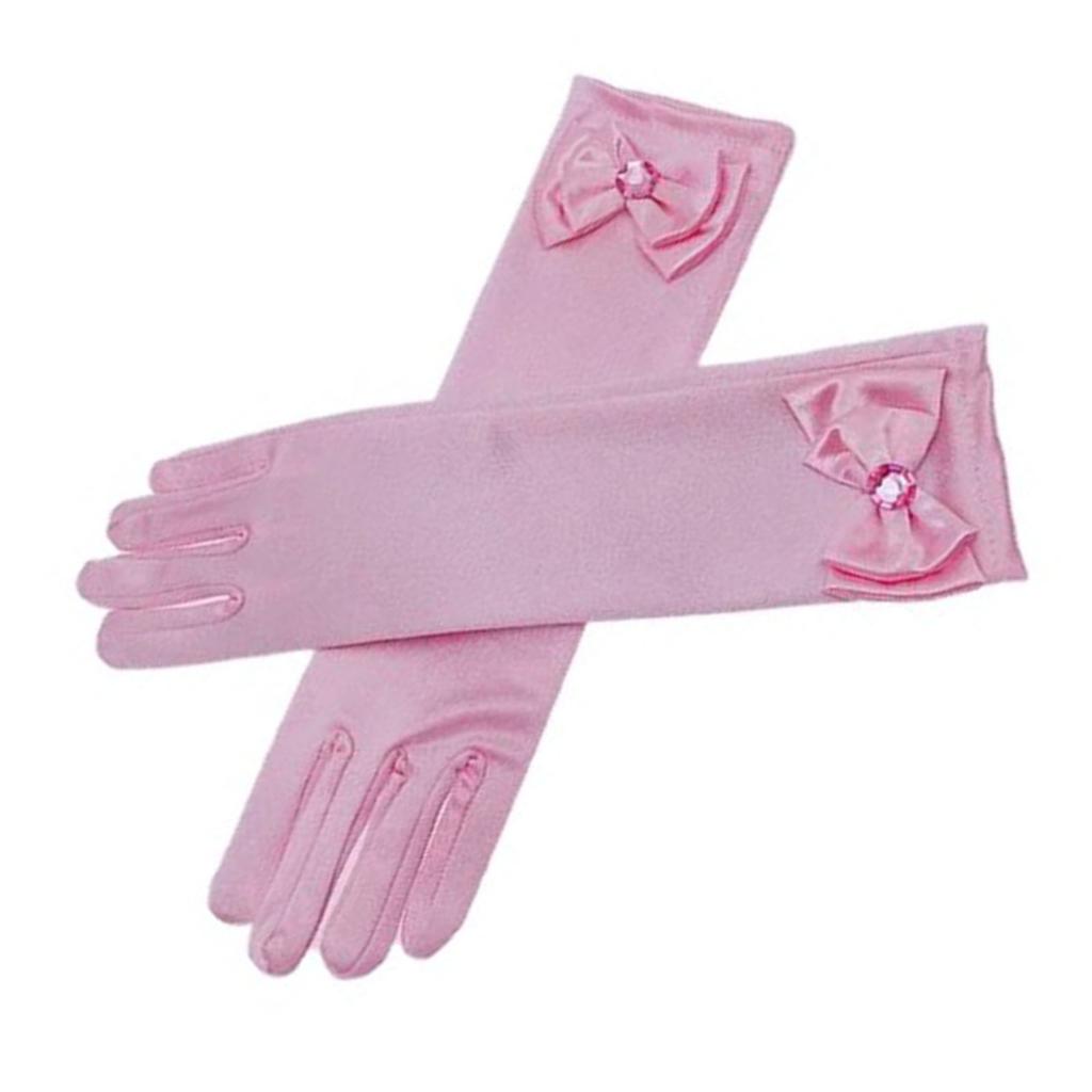 Little Girls Long Princess Gloves Bowknot Trim Long Formal Satin Gloves for Party Pink
