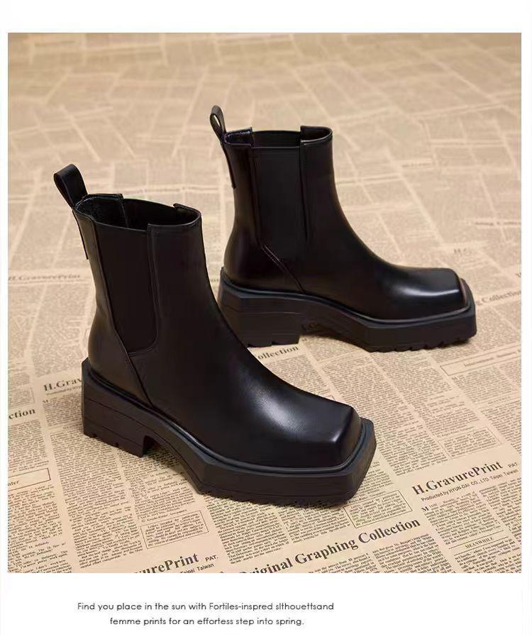 Square Martin Boots Women's British Smoke Boots Pu Thick Sole Heightening Thick Heel Chelsea Short Boots