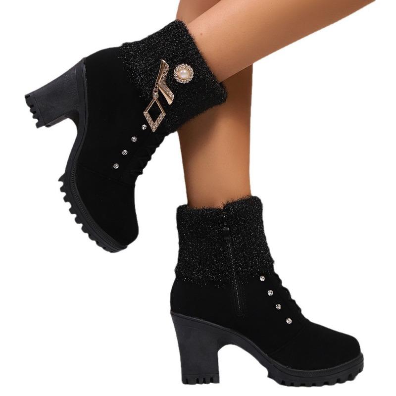 Winter New Rhinestone High Heel Thick Heel Fluffy Mouth Short Boots Velvet Martin Boots Women's Large Size Women's Shoes