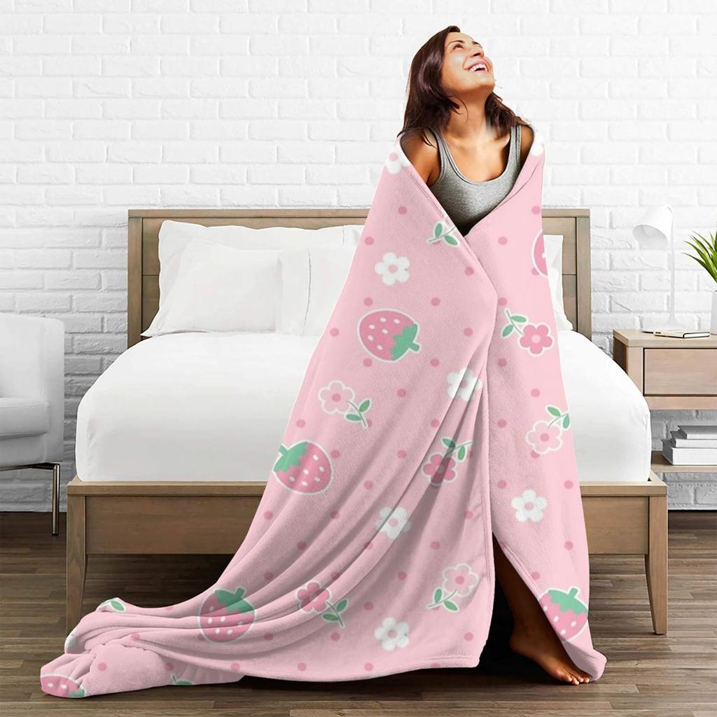 Strawberries Pink Flowers Dots Kawaii Blanket Cover Velvet Cute Pastel Sakura Soft Throw Blanket for Airplane Travel Bedspread