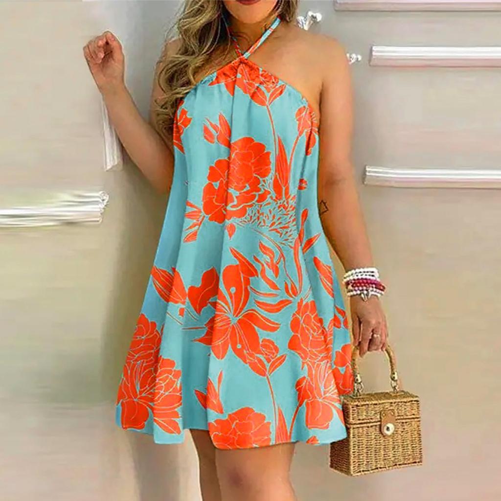 Women's Summer Fashion Casual Off Shoulder Printed Neck Tie Loose Dress