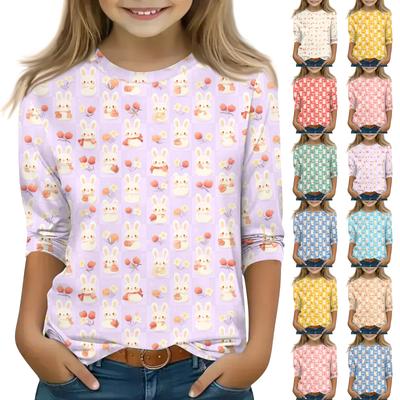 Print Tops For Youth Girls Round Neck 3/4 Sleeves T-Shirts Trendy Tops Outfit Tees