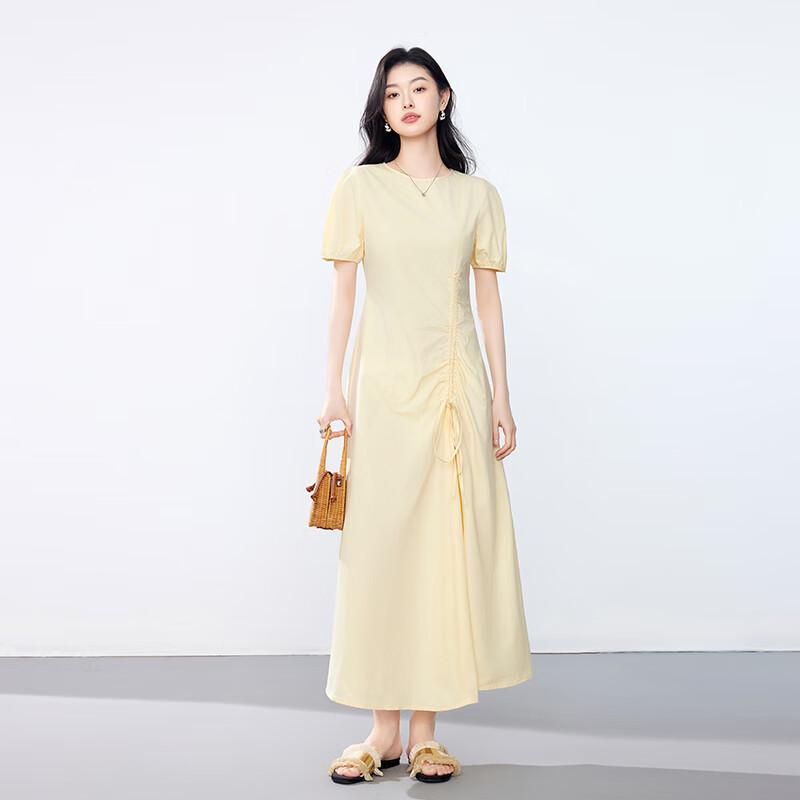 JOY SPEAKER Women's 2025 Summer Round Neck Pleated Waist Midi Dress