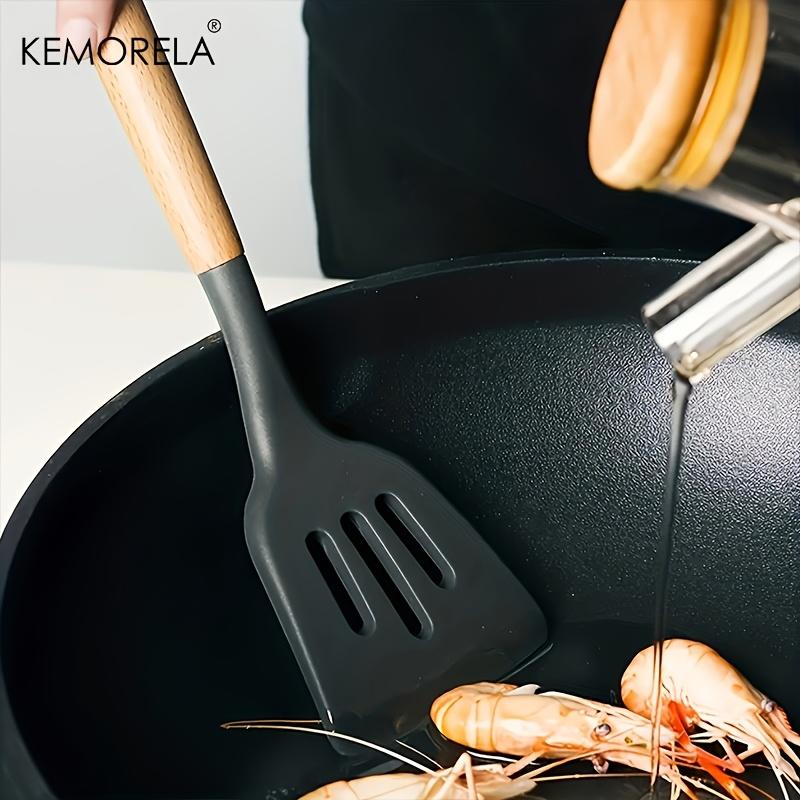 7PCS Heat-Resistant Silicone Kitchen Utensil Set with Wooden Handles - Food-Grade Cooking Tools for Cooking, Baking & Serving