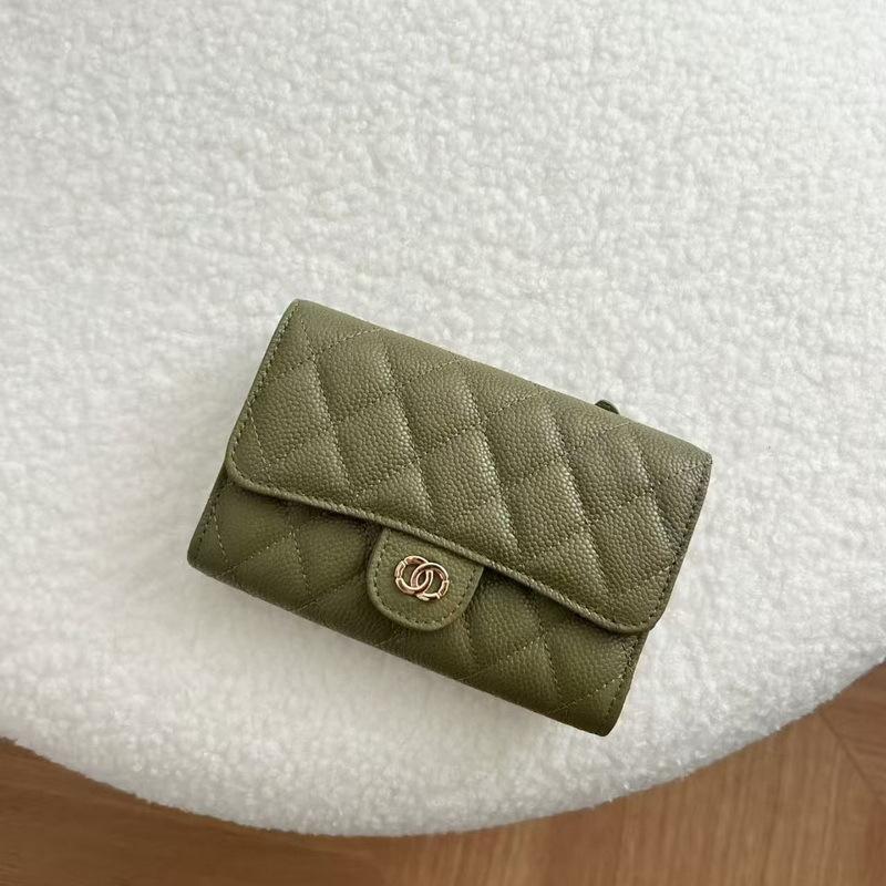 2026 New Caviar Patterned Cowhide Long Three Fold Wallet Hand-held Bag Chain Strap Crossbody Genuine Leather Women's