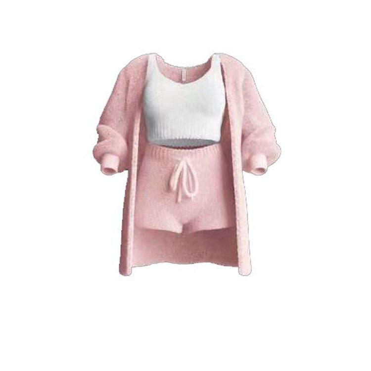 2026 Autumn/Winter Knit Plush Long-Sleeve Jacket, Vest, Shorts, and Three-Piece Set