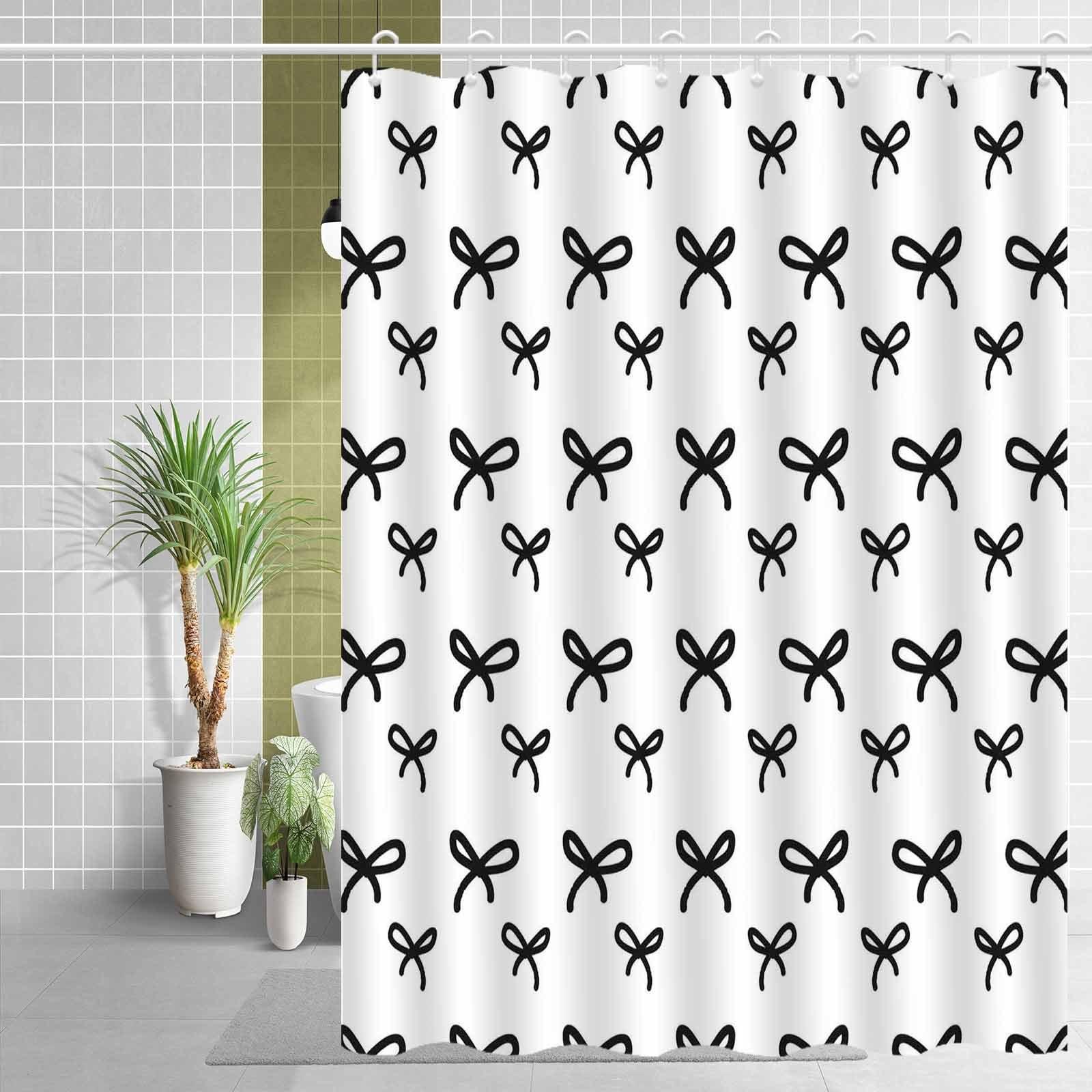

Black And White Bow-Patterned Shower Curtain With Hooks, Machine Washable Polyester Fabric, Suitable For Bathroom Dcor. W60H190(CM)-1 Pcs