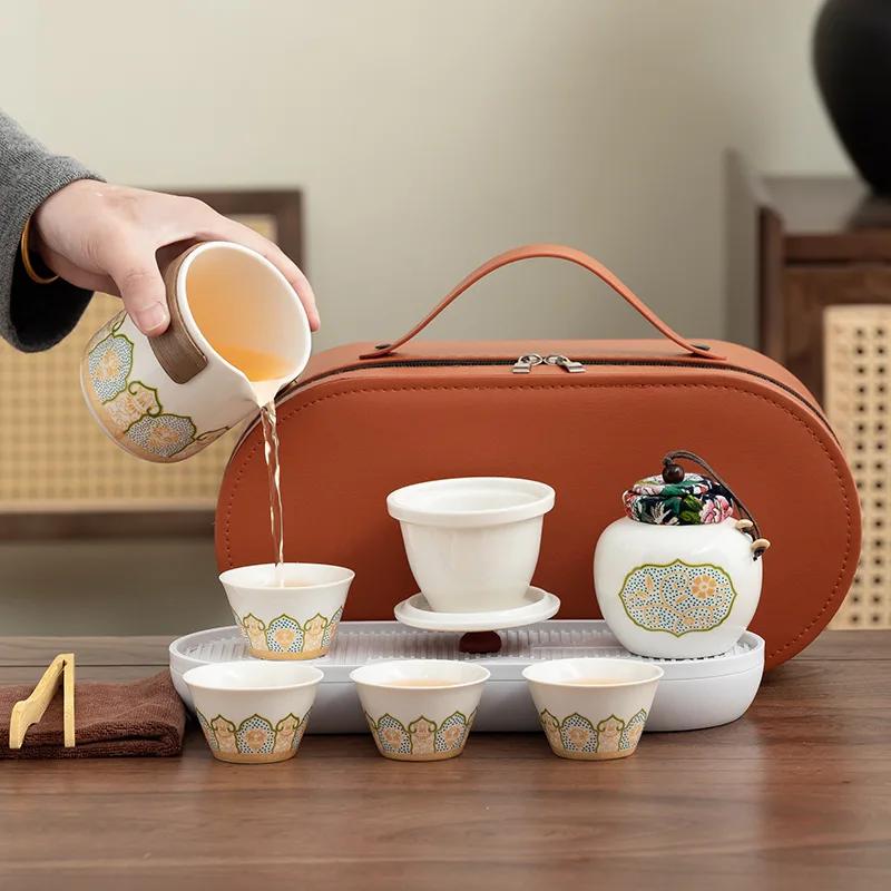 Portable Travel Tea Set with Ceramic Kungfu Cups for Outdoor Camping and Business Gifts