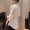 Acetate Satin White Women's Waist-Cinched Shirt - French Slim-Fit Spring & Autumn Design, Light Luxury.