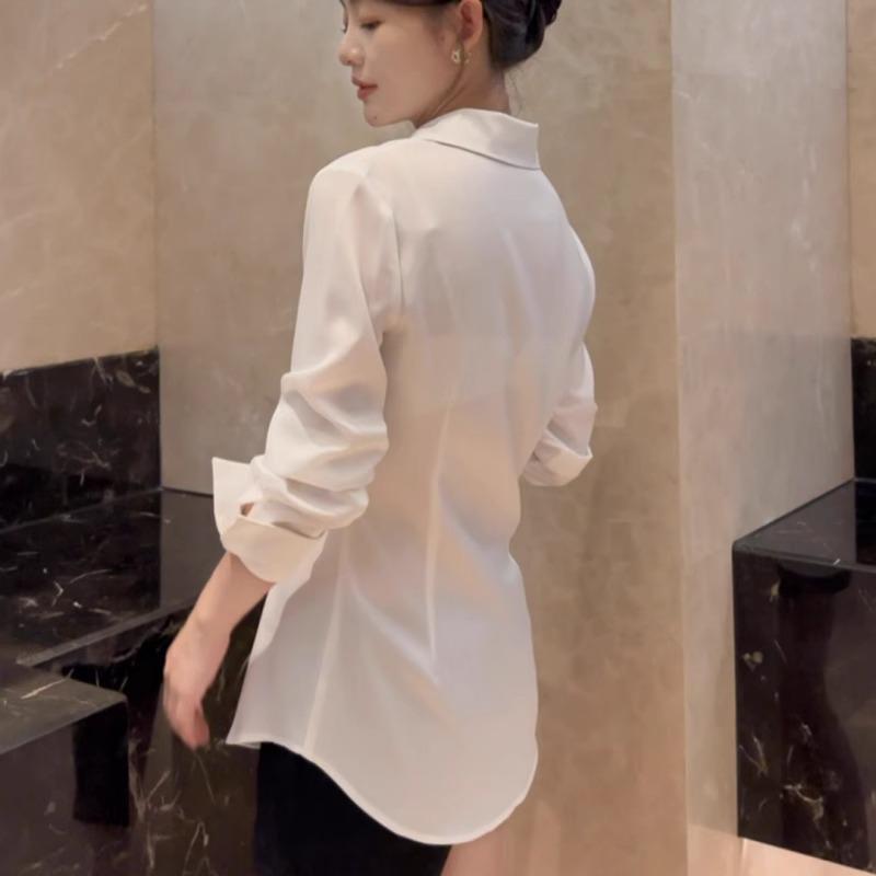 Acetate Satin White Women's Waist-Cinched Shirt - French Slim-Fit Spring & Autumn Design, Light Luxury.