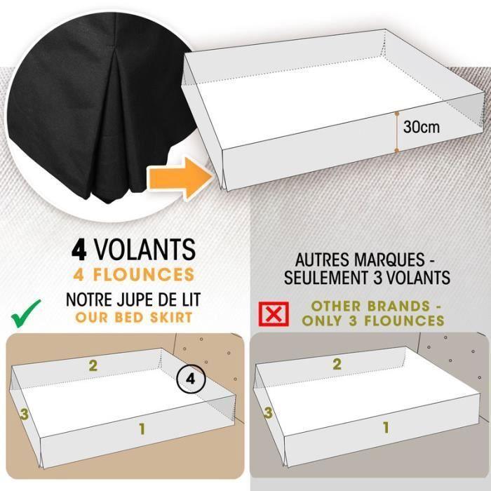 Cache sommier - DAHLICA - 140x190 cm - Noir - 4 Côtés de 30 cm - Qualité Hôtelière