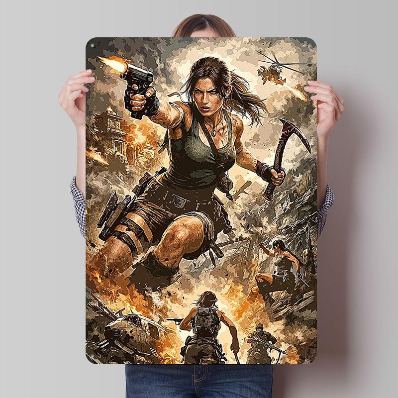 Lara Croft in Action Tin Poster Customized Retro Wall Art Vintage Metal Signs for Room Modern Home Decoration Luxury Wand Deko