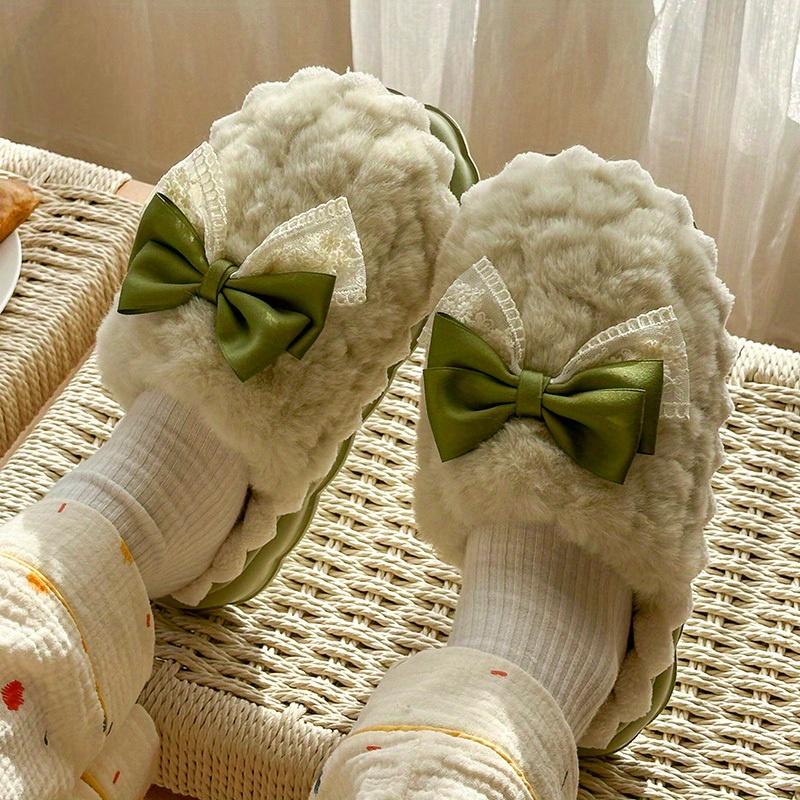 Women's Plush Slip-On Moccasin House Shoes, Cozy Thick Plush Lining with Bow Accent & Soft Fabric Upper, Non-Slip Indoor/Outdoor Winter Slippers