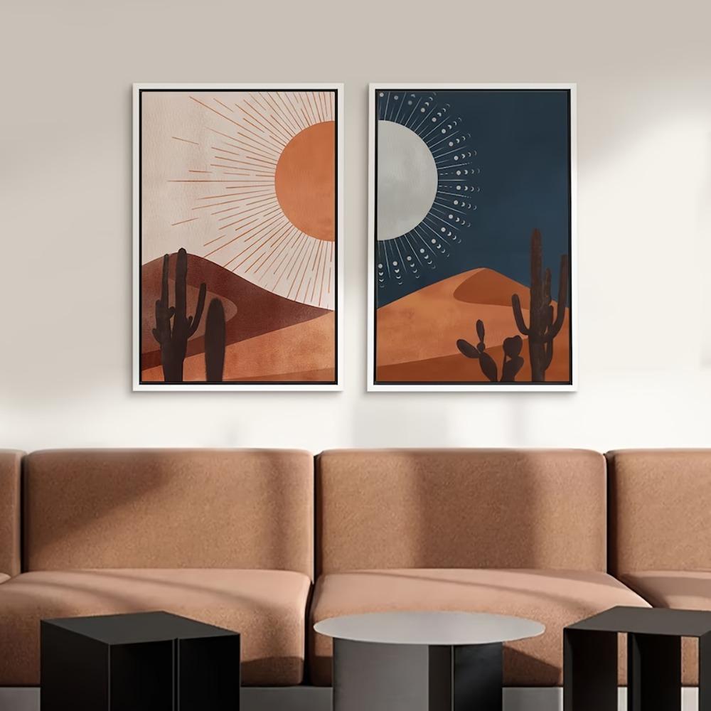 2pcs Frameless,Sun Moon Cactus Desert Landscape,Southwest Joshua Tree Picture Printing,Bohemian Style Home Decor Canvas Printing