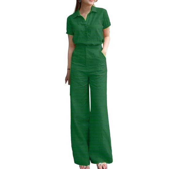 

2 шт./компл., женские брюки, рубашка, костюм с лацканами, с коротким рукавом, однобортный, широкий, свободный, однотонный, с карманами, с высокой талией, женский топ, комплект брюк XL зелёный